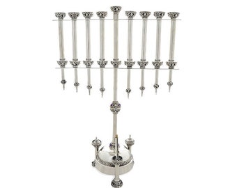 Large Handmade Hanukkah Menorah in Neo-Gothic Style & Yemenite Filigree Ornamentation