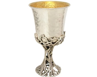 Special Sterling Silver Tree Motif Kiddush cup, Hammered finishing, 14K Gold coated inside, special twist, Nature style