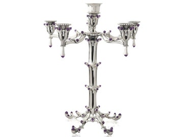 Unusual 5+1 Arms Amethyst Stones Sterling Silver Candelabra