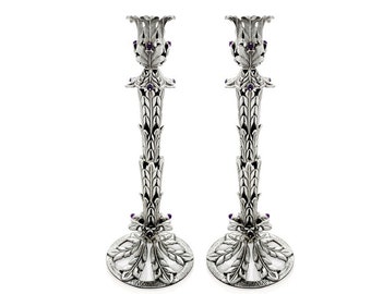 Piece of Art Filigree 925 Sterling Silver Candlesticks with Natural Amethyst Stones - Unique Floral Judaica Wedding Gift