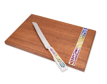 Multicolored Challah Board and Knife Set From Wood and Silver