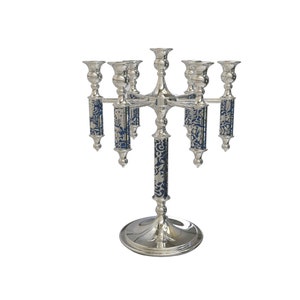 Elegant Blue Leaf Design 7+1 Arms Sterling Silver Candelabra