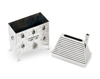 Sterling Silver Old Building Shape Tzedakah Box with a Chimney with a Unique Brick Finish