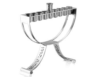 Personalized 925 Sterling Silver Modern Hanukkah Menorah with Cut Out Family Name in Hebrew