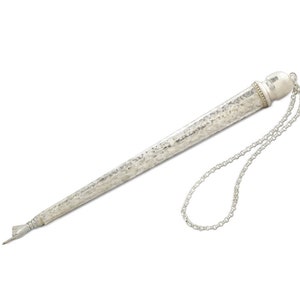 May include: A silver yad, a Jewish ceremonial pointer, with a textured surface and a chain attached to the top.