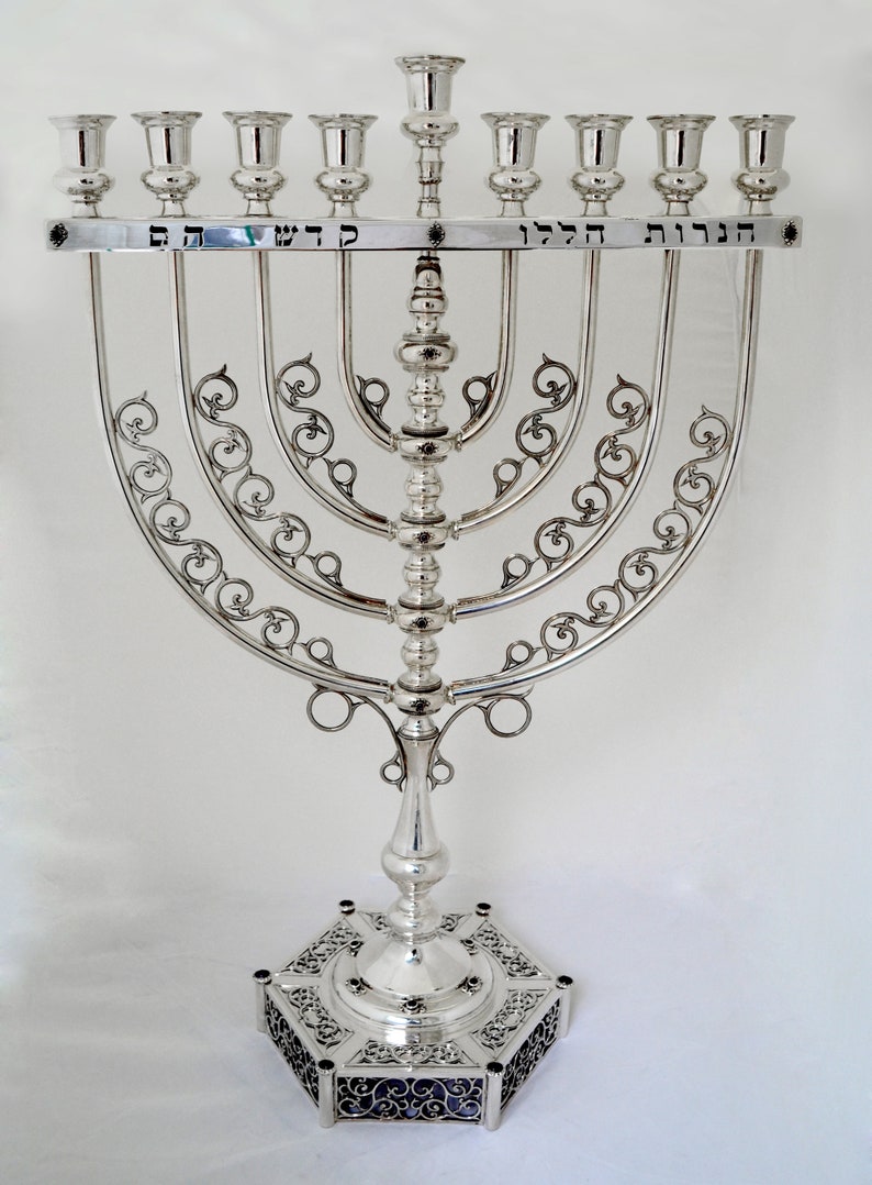 Extra Large Filigree Hanukkah Menorah Made of 925 Sterling Silver with Natural Amethyst Stones & Hebrew Blessing image 2