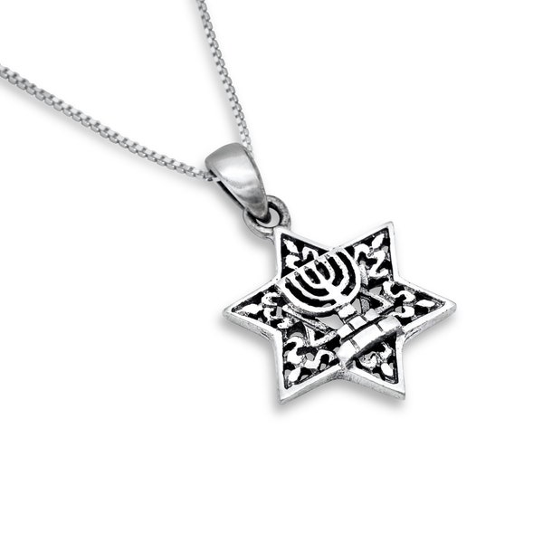Unique 925 Sterling Silver Star of David Pendant Necklace with Menorah