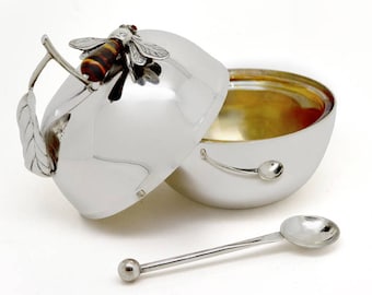 Op moderne natuur geïnspireerde 925 sterlingzilveren honingpot met lepel - Uniek cadeau op Rosj Hasjana