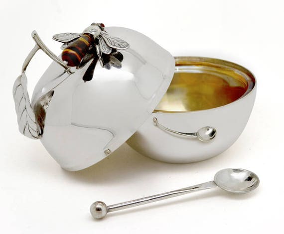 Porta miele in argento 925 e cristallo con piattino e cucchiaio miele