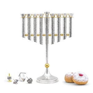 925 Silver Large Hammered Hanukkah Menorah made from Sterling Silver and Brass Balls  & Hammered Finish