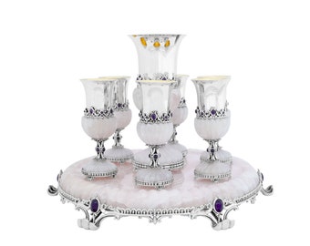 Stunning Liquor Set Made of Pink Onyx Stones, 925 Sterling Silver & Amethyst Stones - Unique Judaica Display Showpiece