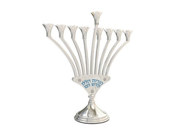 Special Silver Menorah, Modern V Shaped Stunning Sterling Silver Hanukkah Menorah with Hebrew Blessing, Sterling Silver Hanukkah Menorah