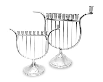 Unique Harp Shaped Large 925 Sterling Silver Hanukkah Menorah