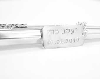 Sterling silver Personalize name Tag for Torah pointer, Hebrew Name, Custom English, Date Number, Silver Yad Torah, Bar Mitzva gift,