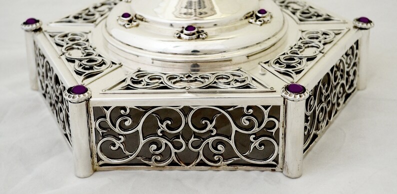 Extra Large Filigree Hanukkah Menorah Made of 925 Sterling Silver with Natural Amethyst Stones & Hebrew Blessing image 5