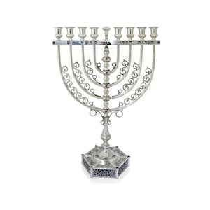 Extra Large Filigree Hanukkah Menorah Made of 925 Sterling Silver with Natural Amethyst Stones & Hebrew Blessing image 1