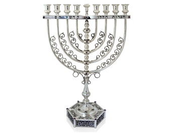 Extra Large Filigree Hanukkah Menorah Made of 925 Sterling Silver with Natural Amethyst Stones & Hebrew Blessing