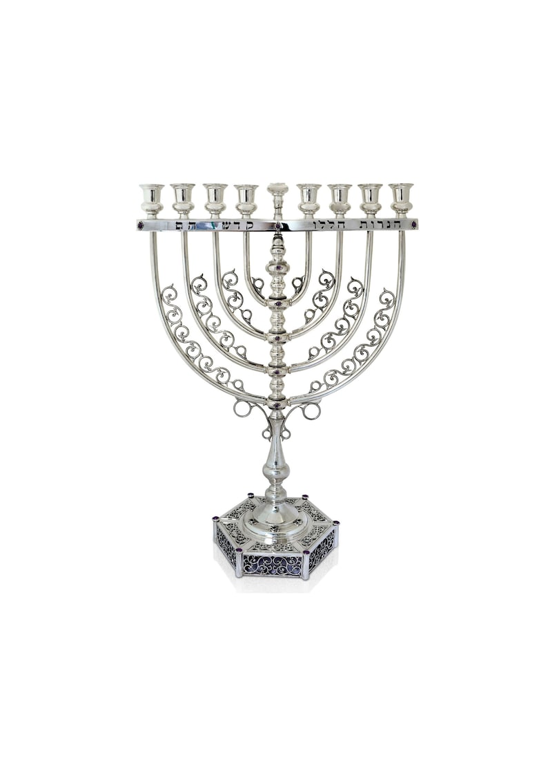 Extra Large Filigree Hanukkah Menorah Made of 925 Sterling Silver with Natural Amethyst Stones & Hebrew Blessing image 1