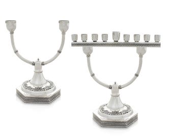 Modern 925 Sterling Silver Hanukkah Menorah & Shabbat Candlesticks with Yemenite Filigree - 2 in 1