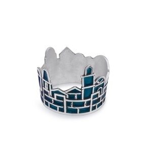 Elegante porta tovaglioli blu e azzurro con dettagli in argento Sterling 925 con paesaggio di Gerusalemme