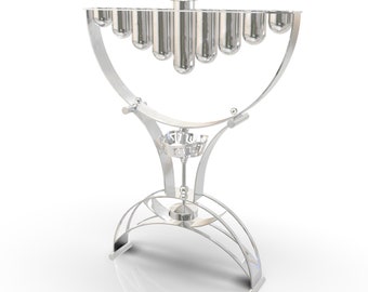 Large Modern Hanukkah Menorah Crafted in 925 Sterling Silver, Hebrew Blessing & Unique Dreidel, Contemporary Large Hanukkah Menorah