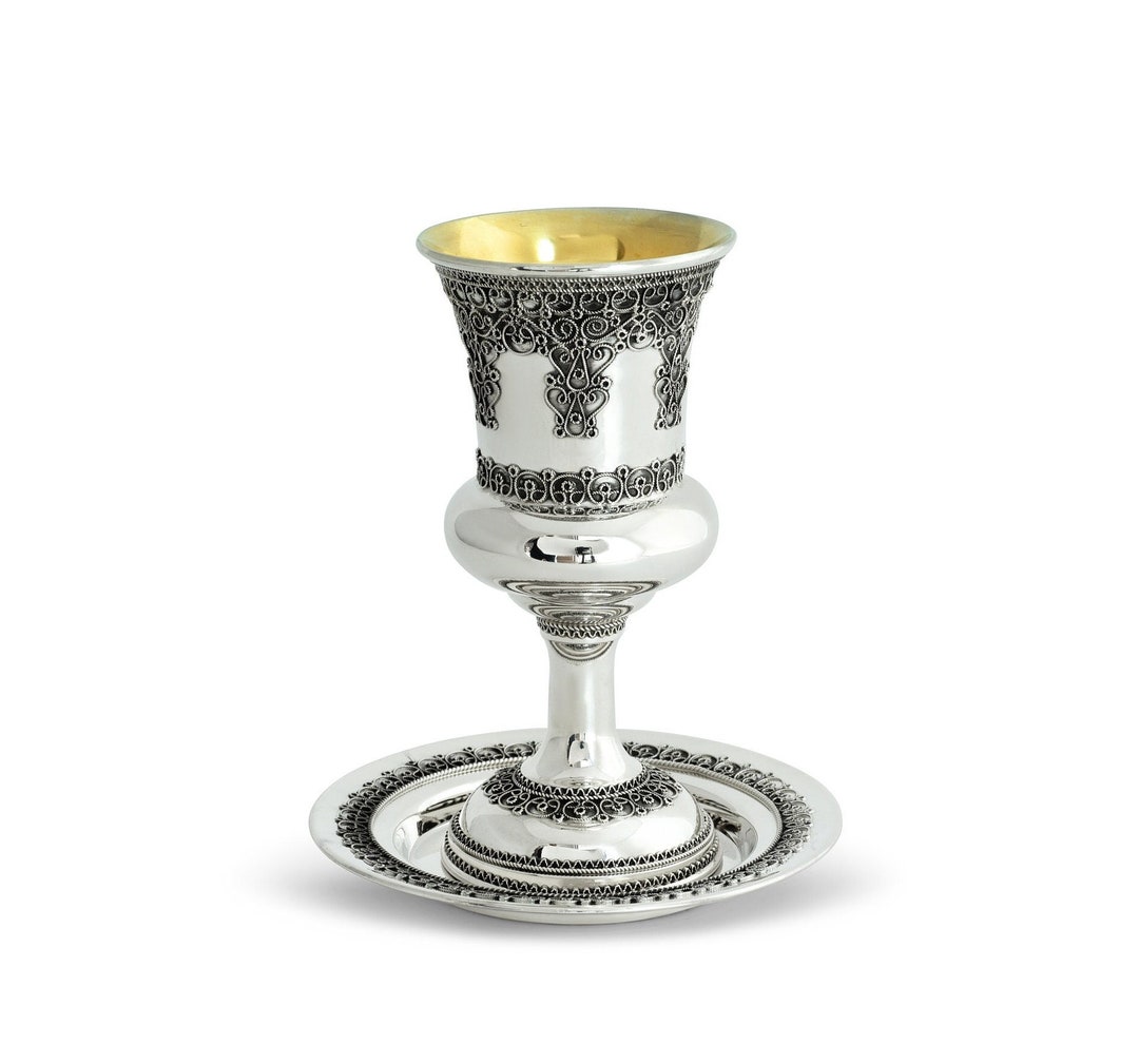 Yemenite Filigree Kiddush Cup With Plate With Stem Unique Large Kiddush
