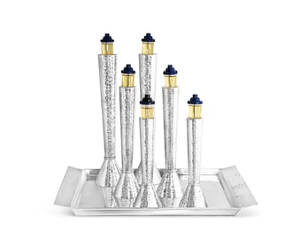 Modern Large 925 Sterling Silver Smooth Candlesticks Tray with Hammered Handles -  Shabbat Judaica