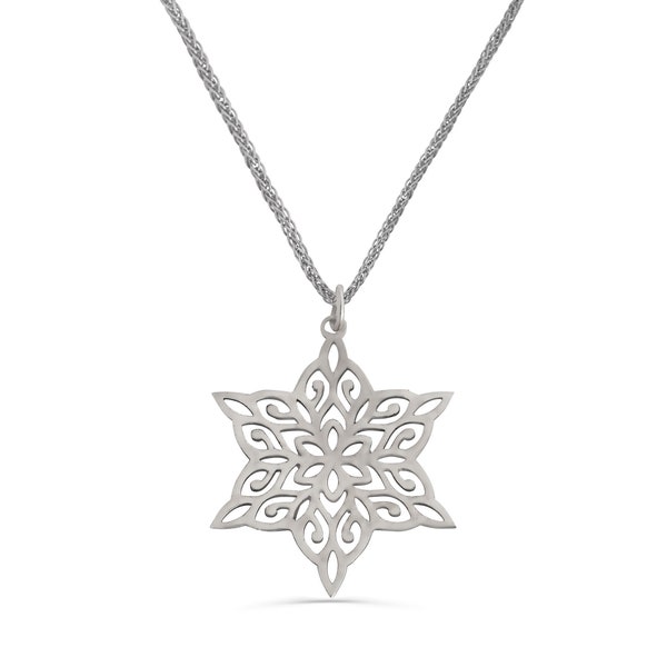 Unique Sterling Silver Star of David Snowflake Necklace