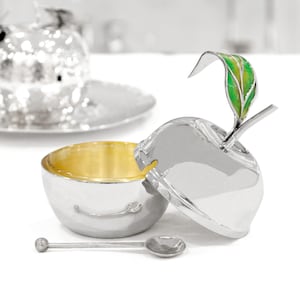 Honey Dish, Honey Pot, Silver Apple Shape Honey Dish Set with Cold Enamel, Silver Honey Dish, Rosh Hashanah Gift, Rosh Hashanah