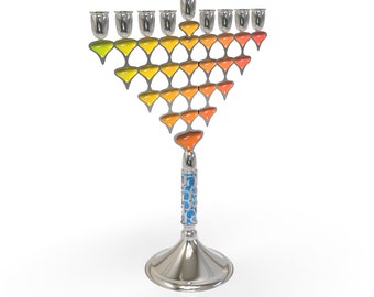 Stunning Two-Sided Modern & Colorful Hanukkah Menorah with Cold Enamel and Hebrew Blessing