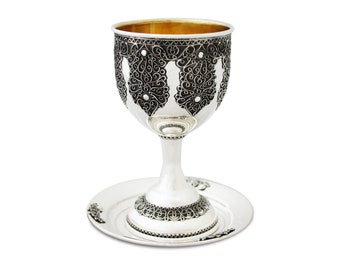 Traditional 925 Sterling Silver Kiddush Cup with Yemenite Filigree - Handmade Kiddush Cup  -Judaica Gifts