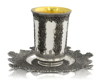 Stunning 925 Sterling Silver Kiddush Cup with Unique Traditional Yemenite Filigree - Judaica Holiday Gifts