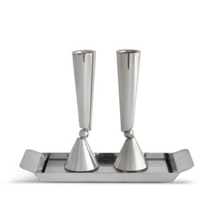 Mid Size Modern Sabbath Candlesticks with Tray made of  925 Sterling Silver - Contemporary Judaica Wedding Gift for the Bride