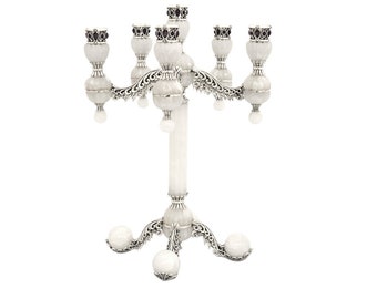 One of-a-Kind White Onyx with Stones Sterling Silver Candelabra