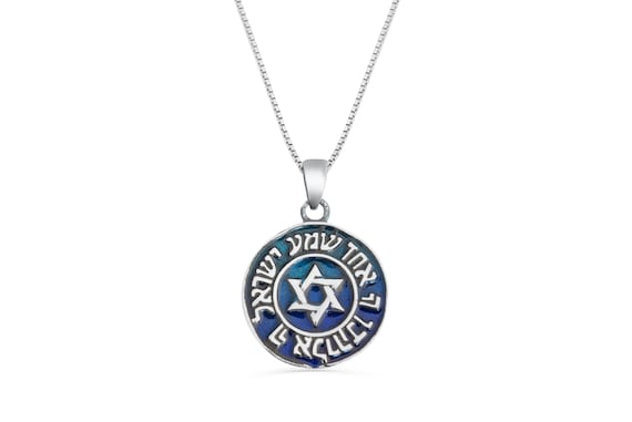 Sterling Silver Star of David & "Shema Israel" Medallion Necklace with Shades of Blue Enamel