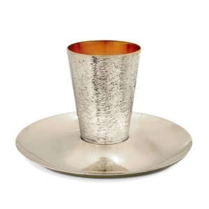 Modern Kiddush Cup with Matching Plate Made of 925 Sterling Silver with Hammered Finish