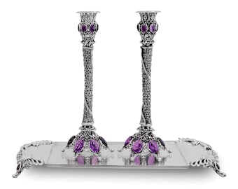 Exclusive Filigree 925 Sterling Silver Candle Holders  and Matching Tray with Natural Amethyst Stones, Sabbath Blessing, Jewish Wedding Gift