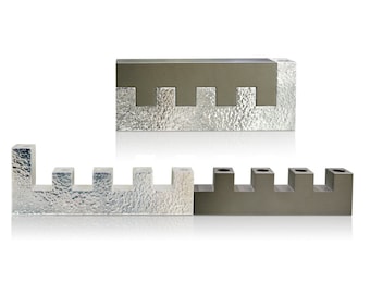 Aluminum Jerusalem Walls Shaped Traveling Hanukkah Menorah with Hammered Finish