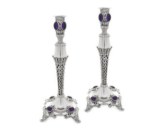 Extraordinary 925 Sterling Silver Candlesticks with Natural Amethyst Stones - Special Judaica Gift