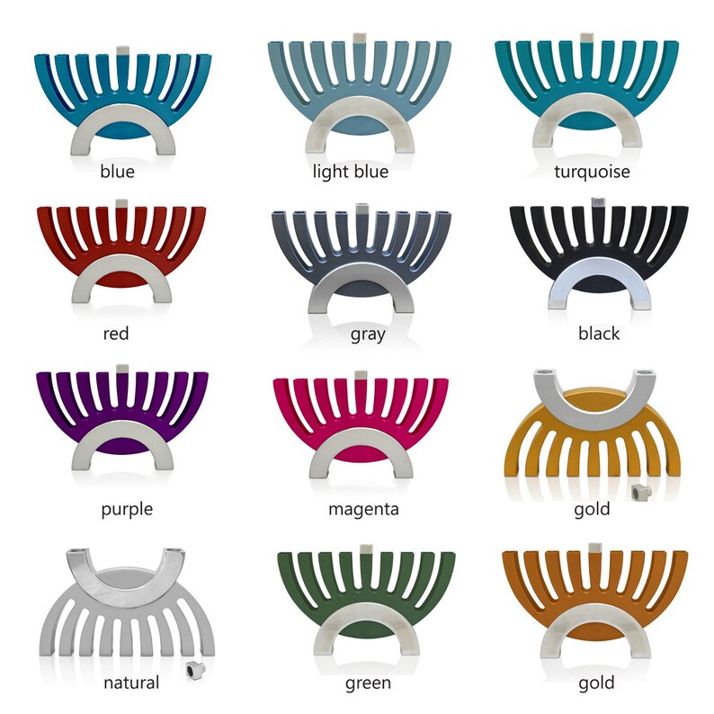 May include: A set of 12 menorahs in various colors, including blue, light blue, turquoise, red, gray, black, purple, magenta, gold, natural, green, and gold. Each menorah is made of metal and has a unique design.