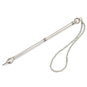 May include: A silver yad, a Jewish ritual pointer, with a round knob at the top and a pointed tip. It has a chain attached to the knob.