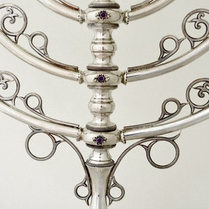 Extra Large Filigree Hanukkah Menorah Made of 925 Sterling Silver with Natural Amethyst Stones & Hebrew Blessing image 6