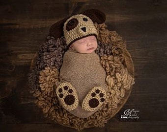 Pattern - Crochet Newborn Puppy Hat and Matching Paw Print Booties Photo Prop, Baby Hat and Shoes Costume, Crochet Pattern Newborn Outfit