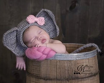 Crochet Pattern - Newborn Elephant Hat and Unattached Tail Photo Prop, Crochet Animal Newborn Photography, Baby Safari Theme Crochet Pattern