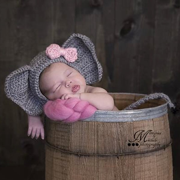 Crochet Pattern - Newborn Elephant Hat and Unattached Tail Photo Prop, Crochet Animal Newborn Photography, Baby Safari Theme Crochet Pattern