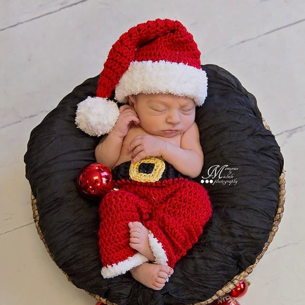 Instant Download Crochet Newborn Christmas Santa Hat and Pants Outfit Pattern, Newborn Baby Boy Santa Photo Prop, Babies First Christmas