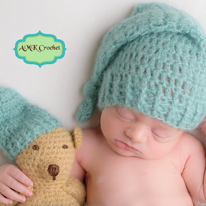 Pattern - Crochet Newborn Sleepy Hat and Matching Amigurumi Bear Plush Photo Prop Pattern, Newborn Photography Baby Boy Knotted Stocking Hat