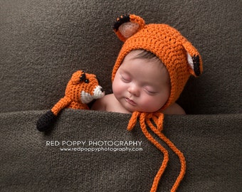 CROCHET PATTERN- Newborn Hat with Matching Amigurumi Fox Plush, Crochet Newborn Fox Photo Prop, Fox Stuffed Animal with Bonnet Fox Hat