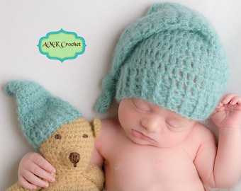 Pattern - Crochet Newborn Sleepy Hat and Matching Amigurumi Bear Plush Photo Prop Pattern, Newborn Photography Baby Boy Knotted Stocking Hat