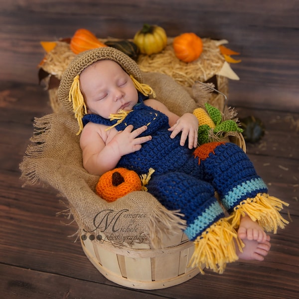 Instant Download PDF Crochet Newborn Scarecrow Hat and Overalls with Amigurumi Pumpkin and Corn, Baby Photo Prop Outfit, Halloween Costume